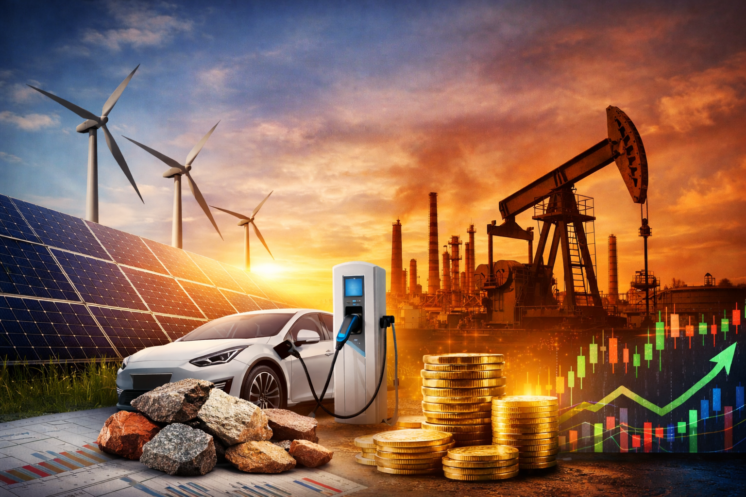 Imagem ilustrativa do setor de energia em 2026 mostrando energia solar, eólica, petróleo e gráfico financeiro sobre investimento