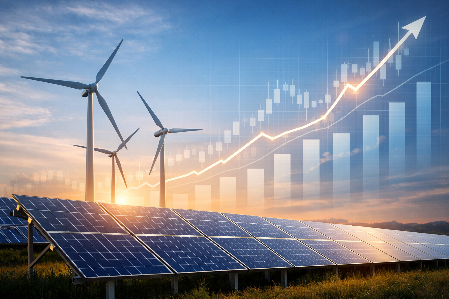 ETFs de energia limpa representados por painéis solares e turbinas eólicas com gráfico financeiro ao fundo