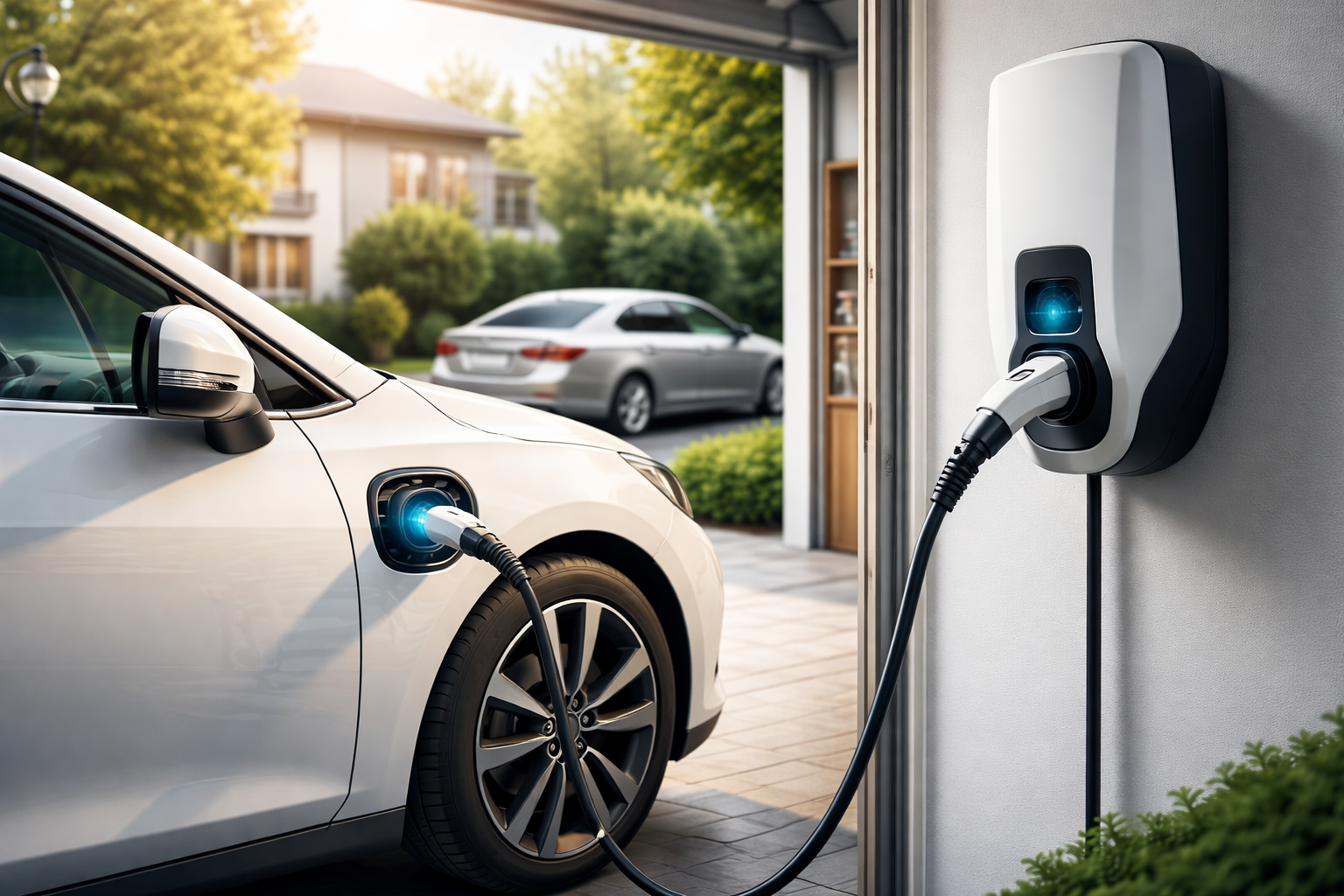 Carro elétrico sendo carregado em casa comparado a veículo a gasolina