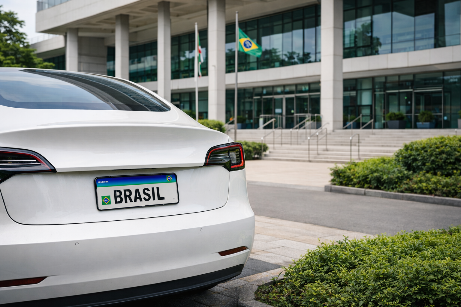 IPVA de carro elétrico muda por estado com veículo elétrico em frente a prédio público