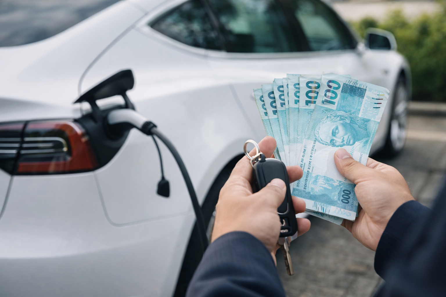 Pessoa analisando financiamento de carro elétrico com contrato e veículo elétrico ao fundo
