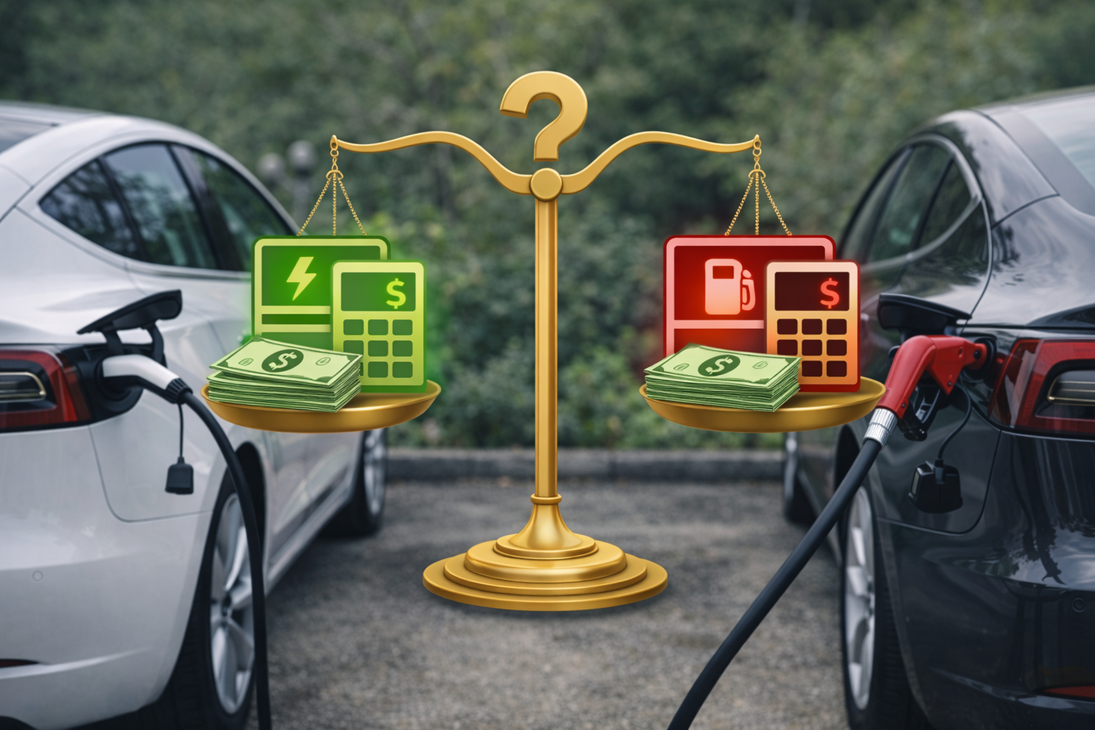 Comparação de custos entre carro elétrico e carro a combustão em balança financeira