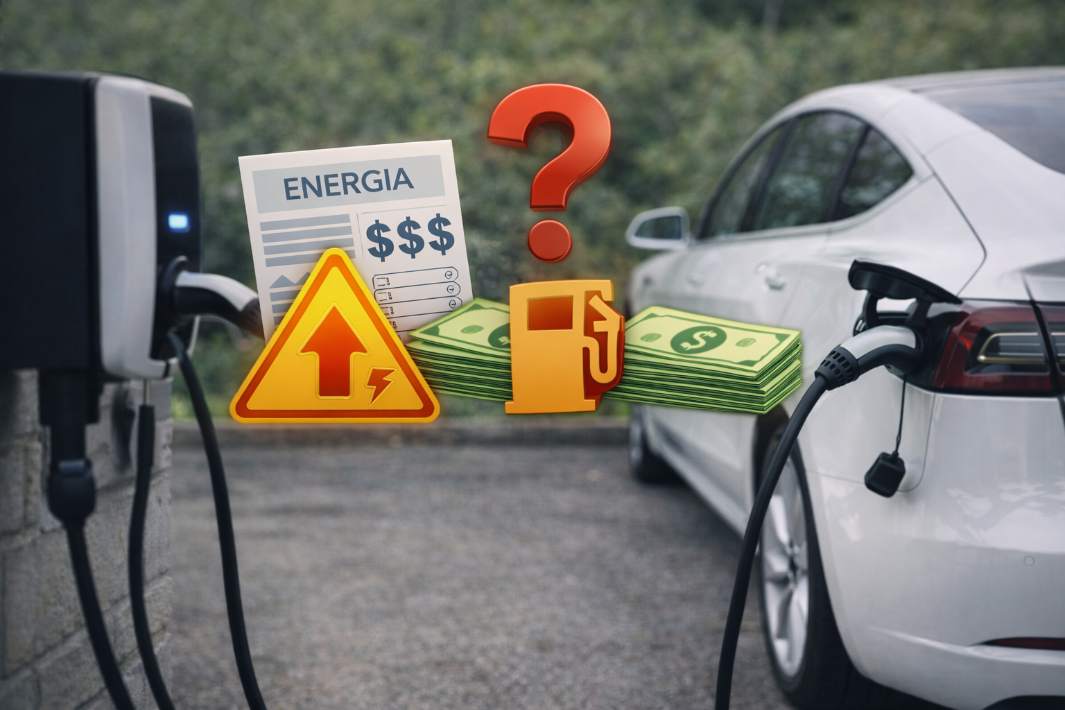 Custo da energia pode afetar a vantagem do carro elétrico com veículo elétrico em recarga e símbolos de aumento de preço