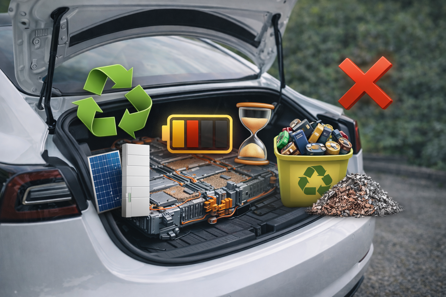 O que acontece quando a bateria chega ao fim da vida útil com bateria de carro elétrico e símbolo de reciclagem