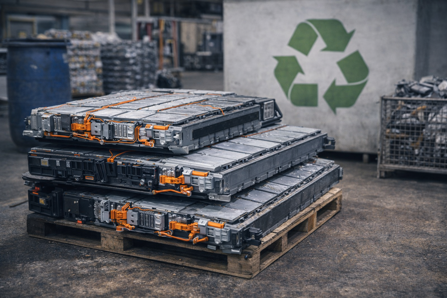 Existe reciclagem de baterias automotivas com baterias de carro elétrico empilhadas em centro industrial