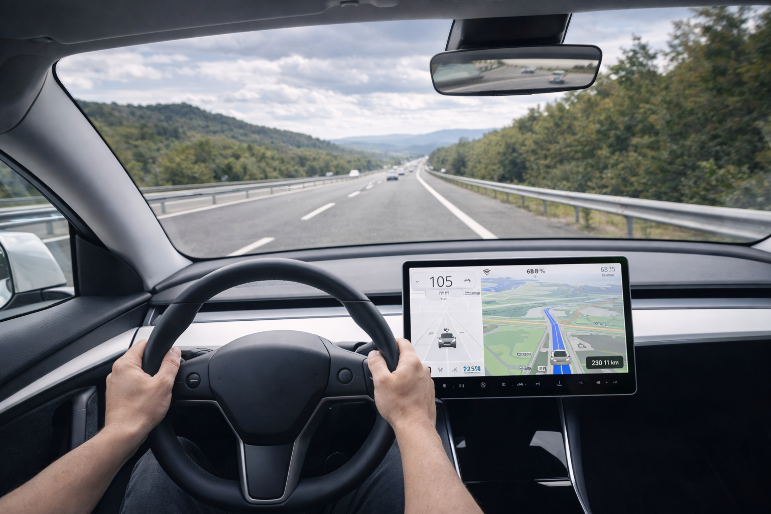 Carro elétrico moderno por dentro em primeira pessoa dirigindo em rodovia BR