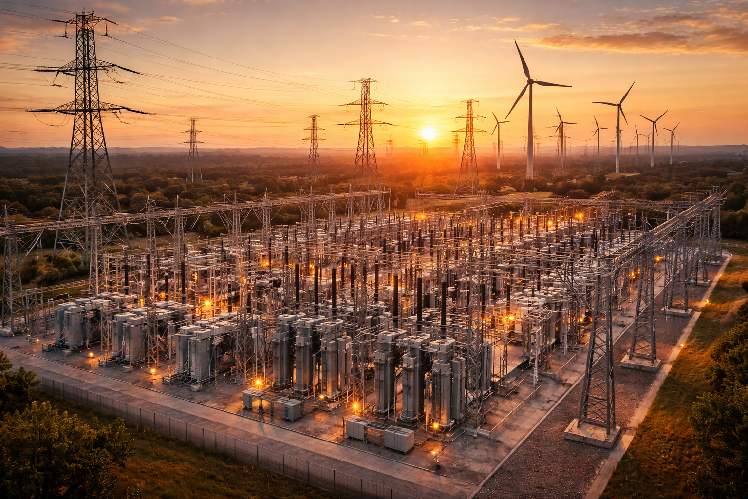 Infraestrutura energética moderna com subestação e linhas de transmissão representando o novo petróleo