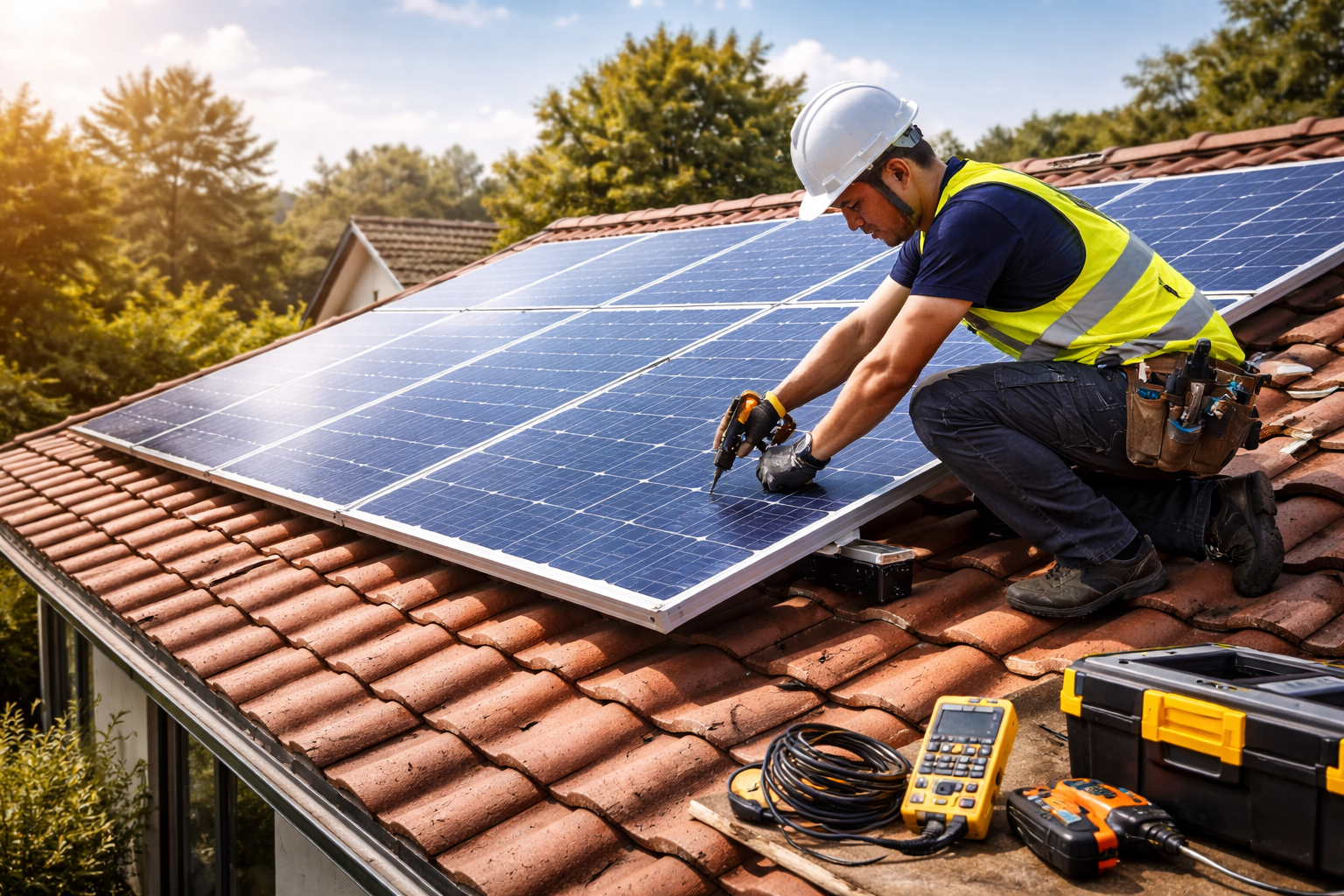Quanto custa instalar energia solar hoje com técnico instalando painéis solares em residência