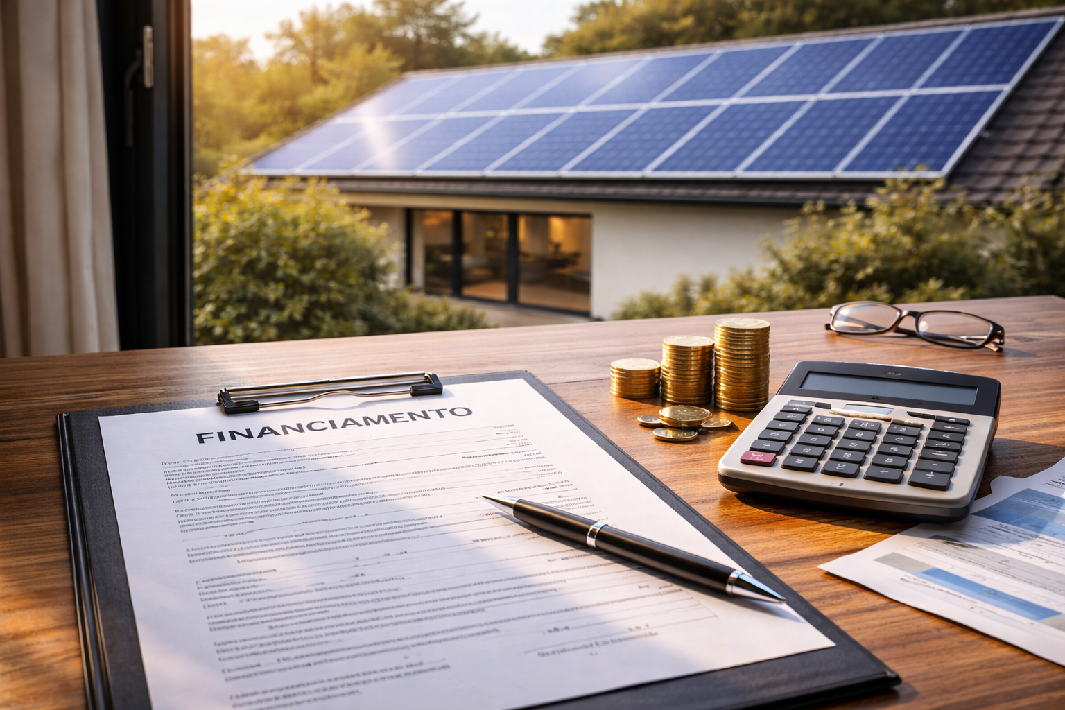 Financiamento de energia solar vale a pena com contrato e painéis solares ao fundo