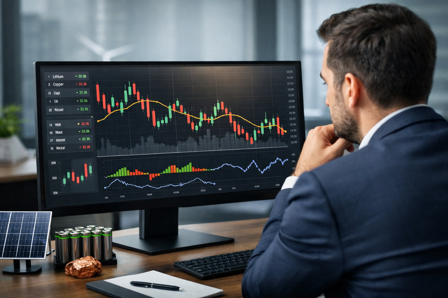 Analista observando gráfico de volatilidade das commodities em monitor financeiro