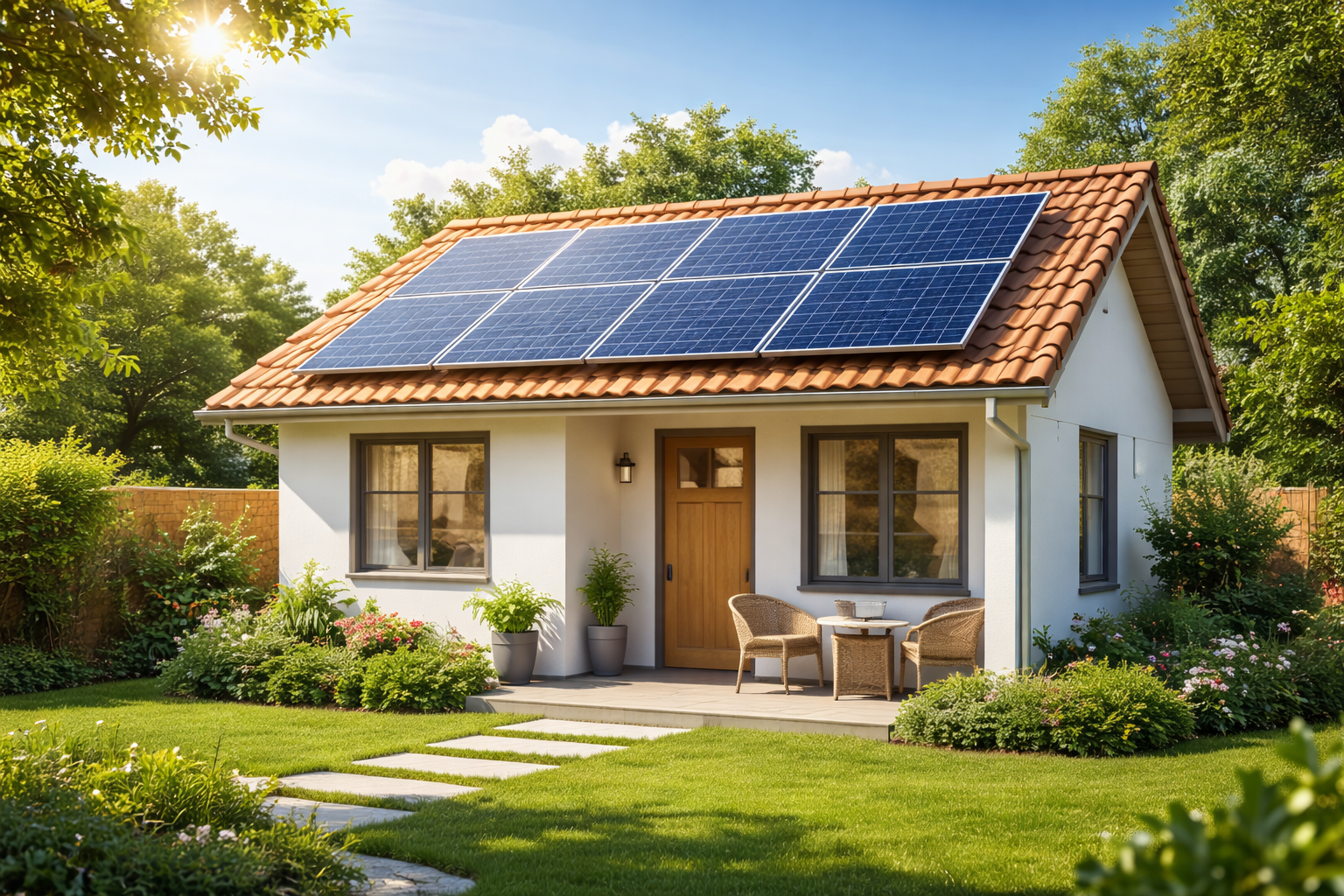 Casa pequena com sistema de energia solar instalado no telhado