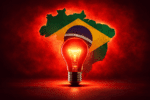 Lâmpada vermelha em destaque com mapa do Brasil ao fundo representando aumento na conta de luz em 2026