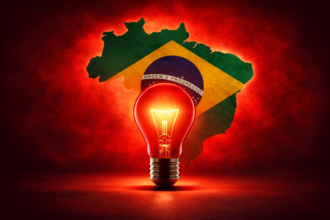 Lâmpada vermelha em destaque com mapa do Brasil ao fundo representando aumento na conta de luz em 2026