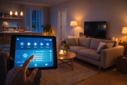 Sala moderna com sistema de automação residencial controlando iluminação para economizar energia