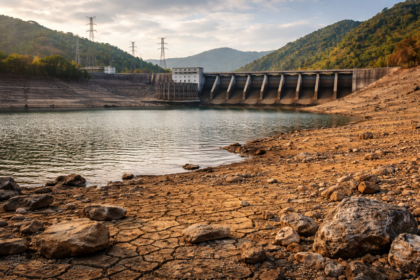 Reservatório de hidrelétrica com baixo nível de água representando impacto da escassez na energia