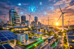 cidade moderna com energia solar e eólica representando projetos híbridos de energia