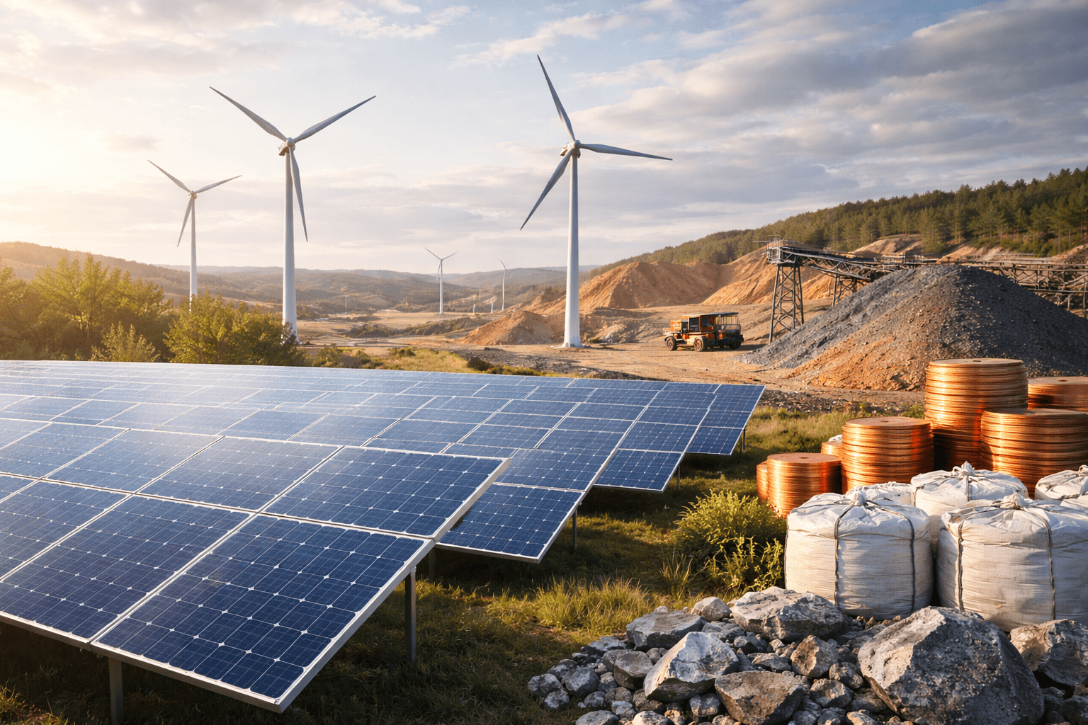 turbinas eólicas e painéis solares representando commodities da energia renovável