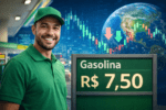 Frentista sorrindo em posto de combustível com preço da gasolina em R$ 7,50 enquanto gráficos mostram a flutuação do petróleo e impacto na energia.