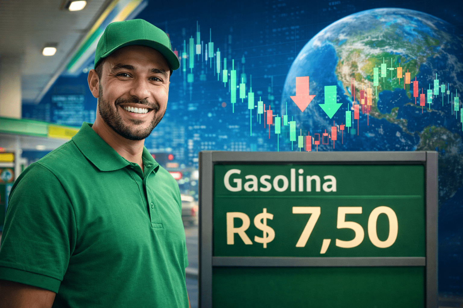 Frentista sorrindo em posto de combustível com preço da gasolina em R$ 7,50 enquanto gráficos mostram a flutuação do petróleo e impacto na energia.