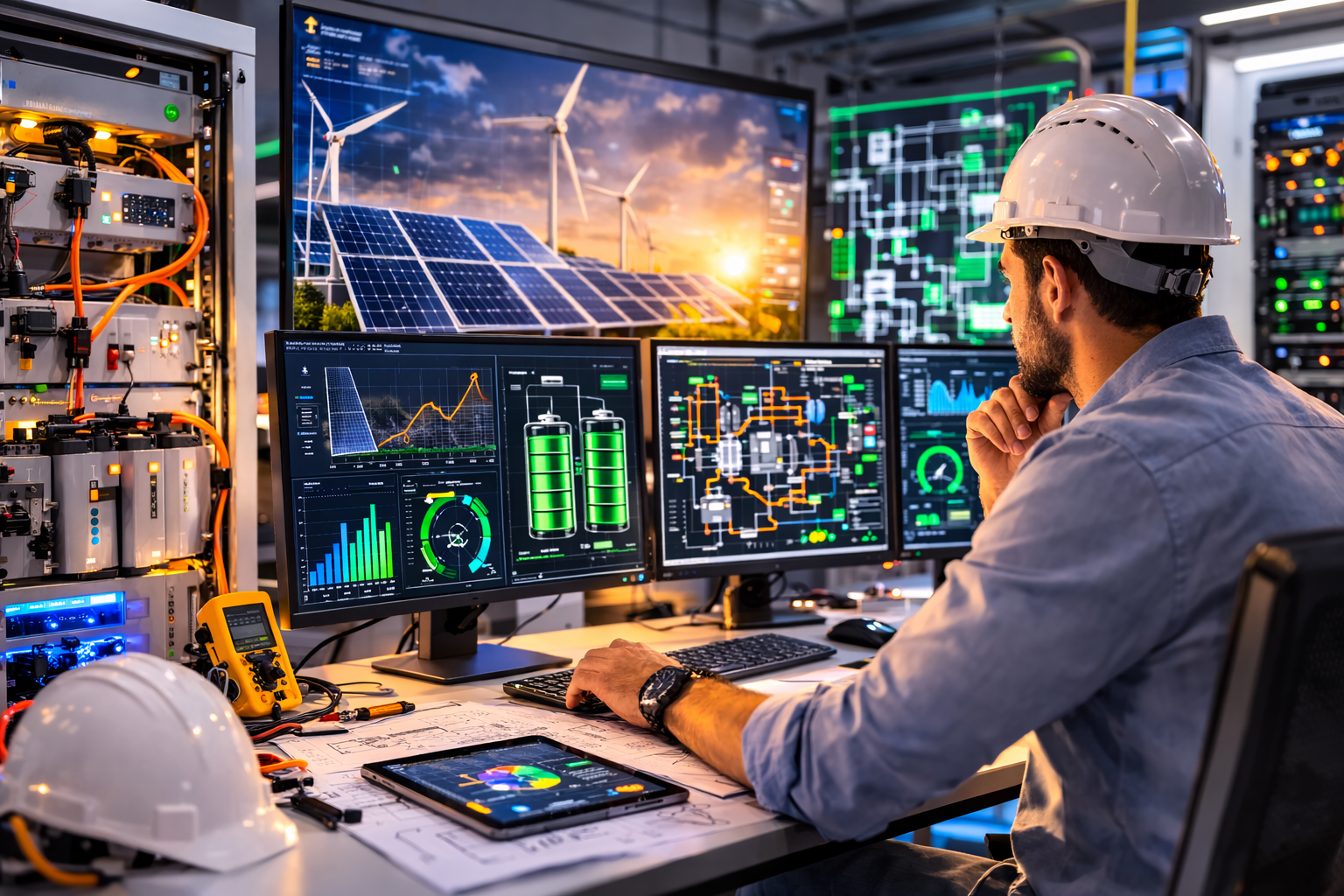 Engenheiro analisando supercomputador em centro de controle energético com baterias e tecnologia avançada do setor elétrico.