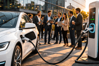Carro elétrico carregando em estação de recarga enquanto empresários observam a tecnologia de mobilidade elétrica.