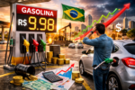 Painel de posto de combustível mostrando preço da gasolina em 2026 no Brasil.