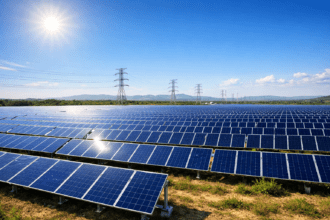 Grande usina de energia solar representando os 68 GW de energia solar instalados no Brasil.