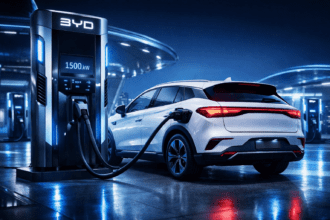 Carro elétrico conectado a carregador ultrarrápido representando bateria que carrega em 5 minutos.