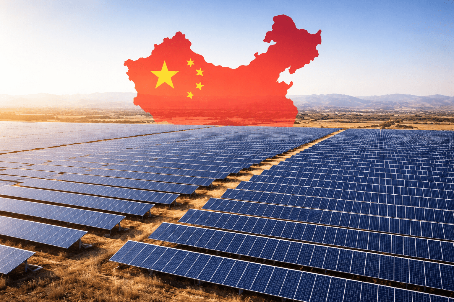 Parque solar de grande escala com mapa da China ao fundo representando o plano de expansão de energia renovável do país.
