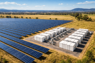 Usina solar com sistema de baterias representando o projeto Blind Creek de energia renovável.