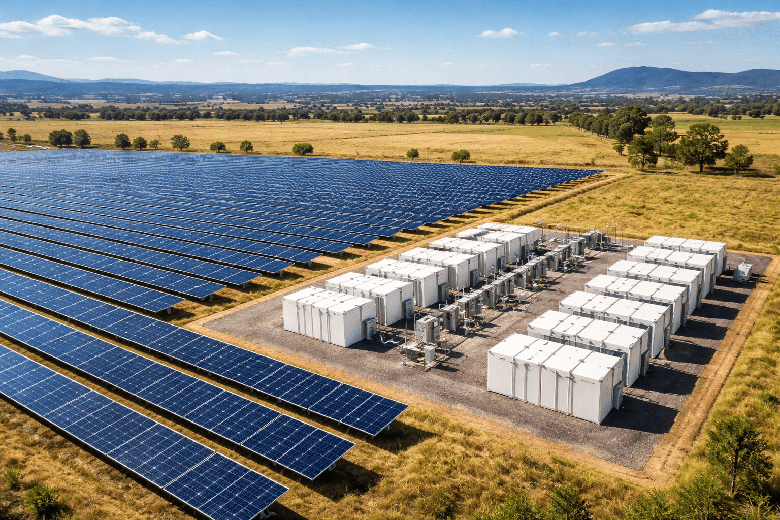 Usina solar com sistema de baterias representando o projeto Blind Creek de energia renovável.