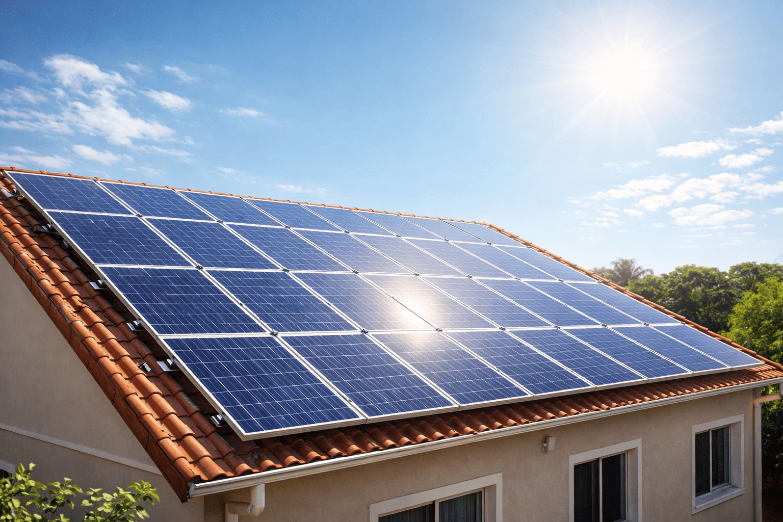 Casa com painéis solares representando financiamento de energia solar no Brasil.