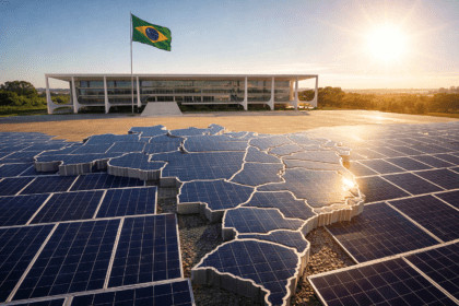 Usina solar em frente ao Palácio do Planalto com mapa do Brasil formado por painéis solares representando o crescimento da energia solar no país.