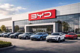 Fábrica da BYD com vários carros elétricos alinhados na frente representando a expansão da empresa no Brasil.