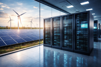 Data center moderno conectado a parque solar representando energia renovável sustentando inteligência artificial