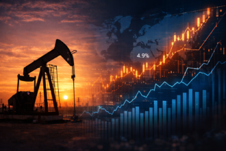 Bomba de petróleo e gráfico econômico representando petróleo caro e inflação global impactando o preço da energia