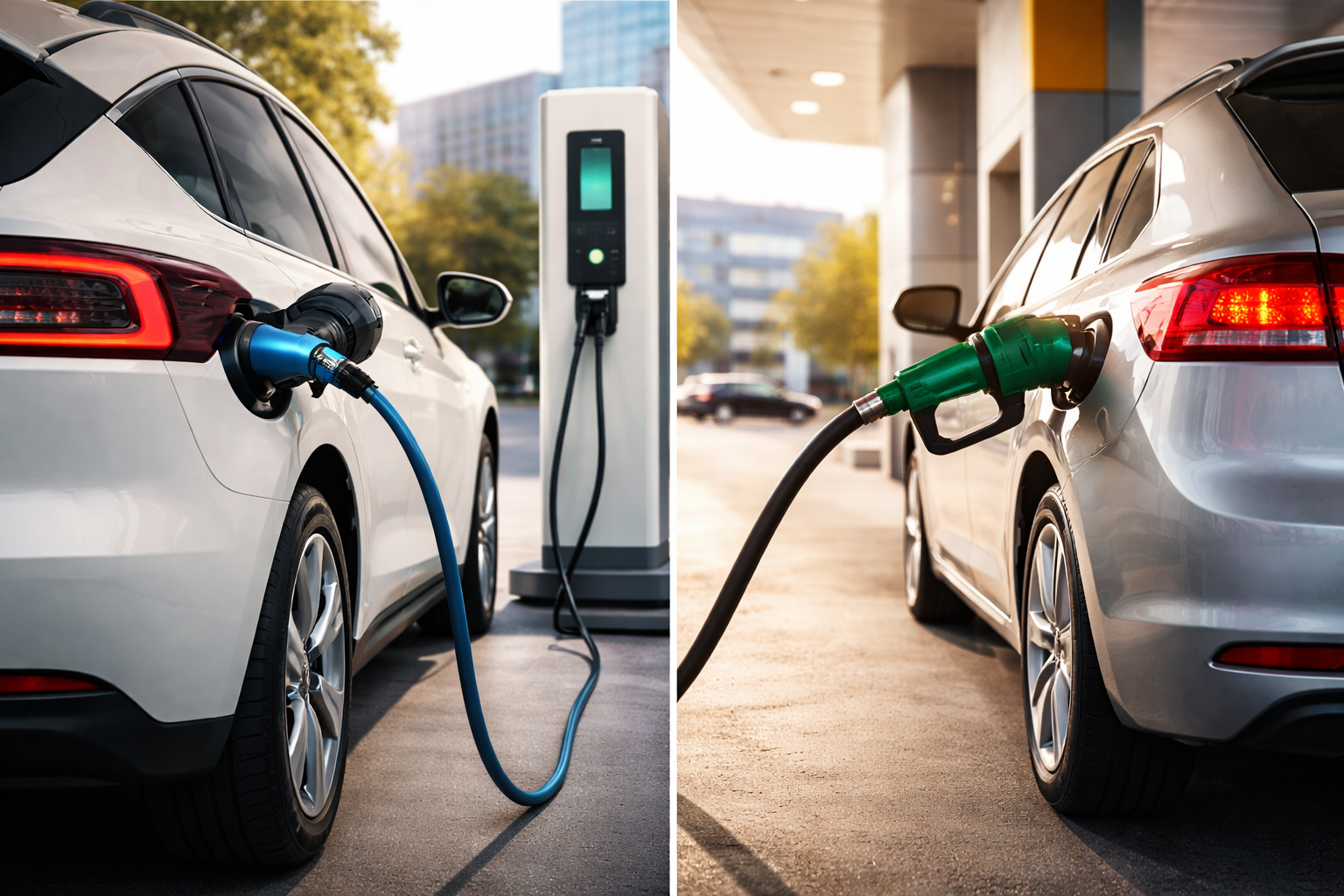 Carro elétrico carregando ao lado de carro a gasolina sendo abastecido