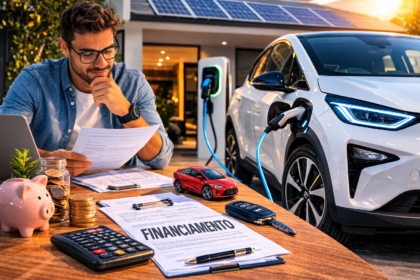 carro elétrico carregando em casa enquanto pessoa analisa financiamento