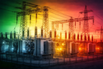 Subestação de energia com fundo nas cores verde, amarela e vermelha representando as bandeiras tarifárias 2026.