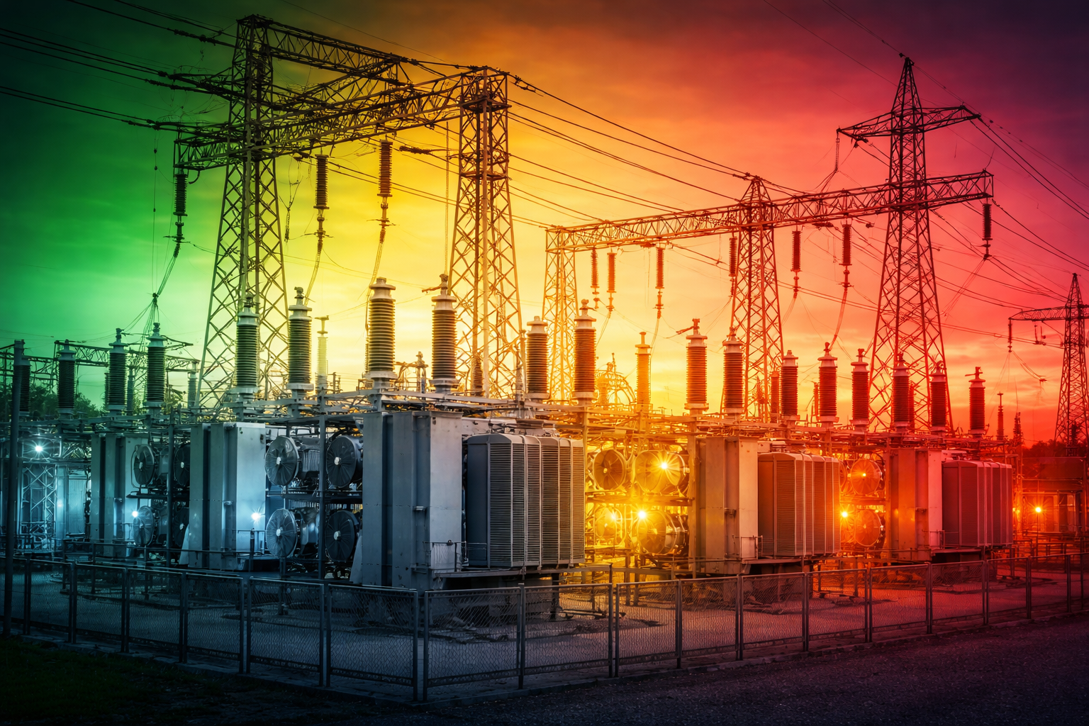 Subestação de energia com fundo nas cores verde, amarela e vermelha representando as bandeiras tarifárias 2026.