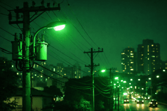 Poste de energia com iluminação verde representando bandeira verde na conta de luz.