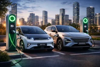 carro elétrico no Brasil sendo carregado em estação residencial