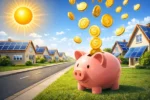Casa com energia solar e porquinho recebendo moedas simbolizando economia com energia solar