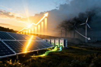 Energia solar cresce em 2026 e muda o ritmo do setor energético energia solar crescendo em 2026 com painéis solares em destaque e turbinas eólicas ao fundo