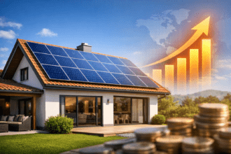 Energia solar mais cara em 2026: o que está acontecendo Casa com painéis solares representando o aumento do custo da energia solar em 2026.