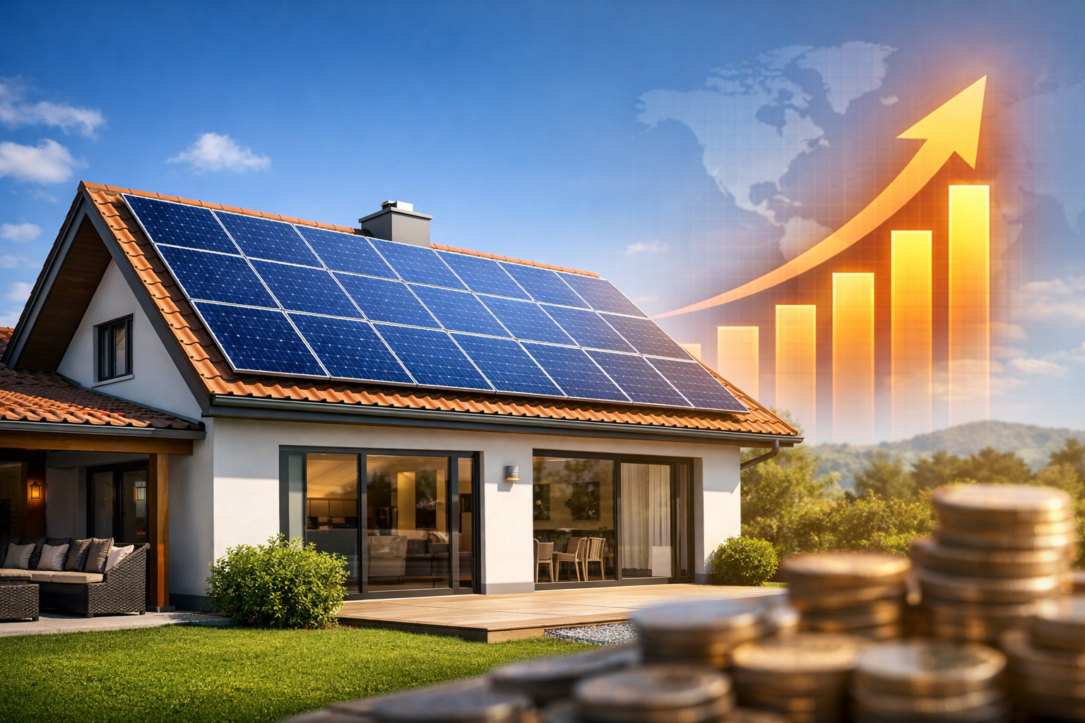 Casa com painéis solares representando o aumento do custo da energia solar em 2026.