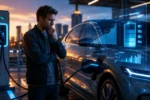 Carros Elétricos Como Funcionam? O Erro Que Pode Custar Milhares Motorista analisando custos de carregamento de carro elétrico com painel holográfico e bateria digital.