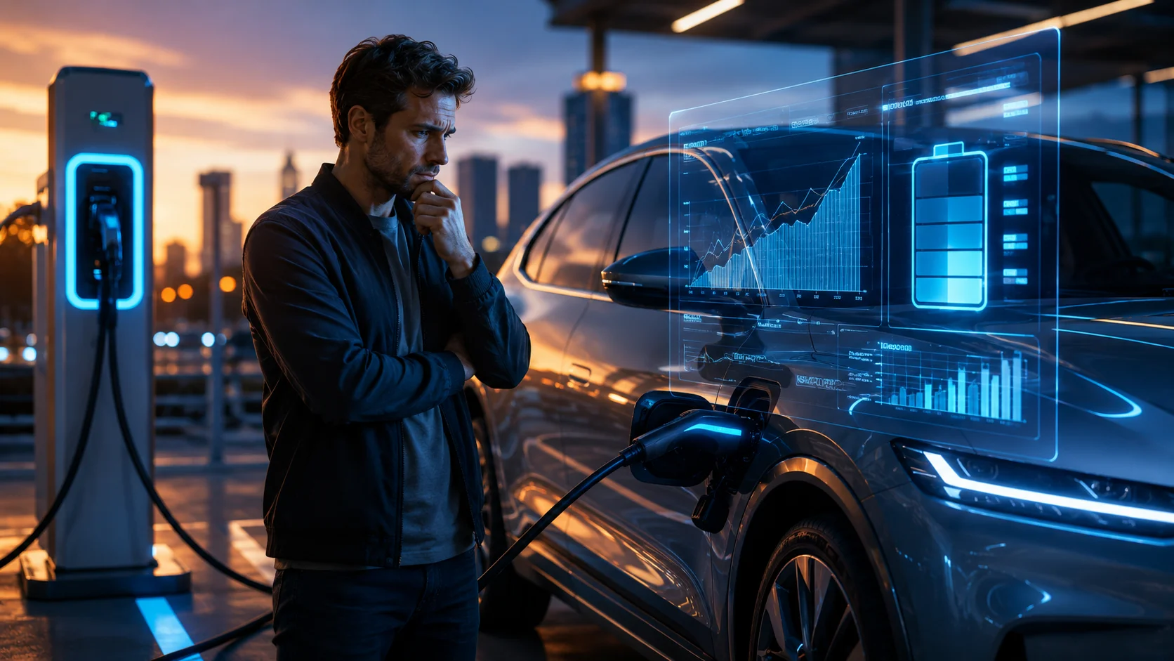 Carros Elétricos Como Funcionam? O Erro Que Pode Custar Milhares Motorista analisando custos de carregamento de carro elétrico com painel holográfico e bateria digital.
