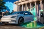 Carro Elétrico Paga IPVA? Veja as Regras Atualizadas em 2026 Carro elétrico moderno em estação de carregamento com visualização digital de economia, impostos e benefícios fiscais no Brasil.