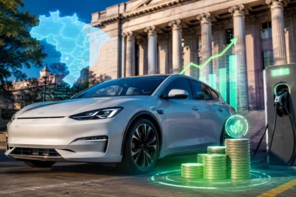 Carro elétrico moderno em estação de carregamento com visualização digital de economia, impostos e benefícios fiscais no Brasil.